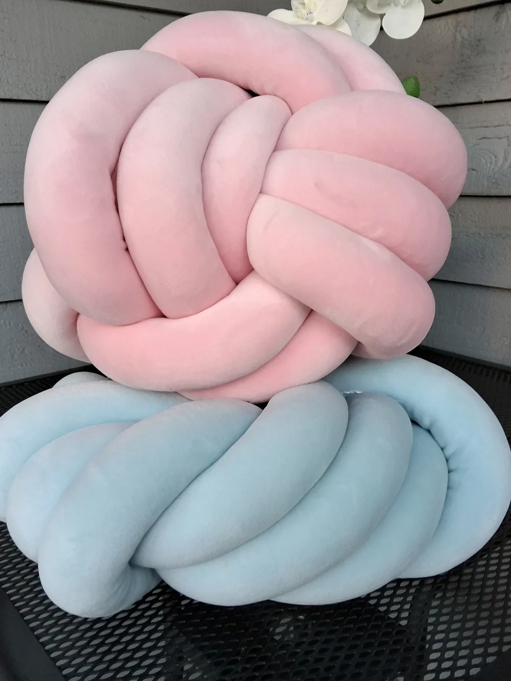 Plush Knot Throw Pillows - Pink and Light Blue
